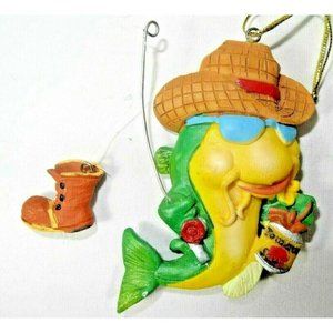 Country Catfish Ornament with Hat and Boot Fishing Ceramic Green Yellow